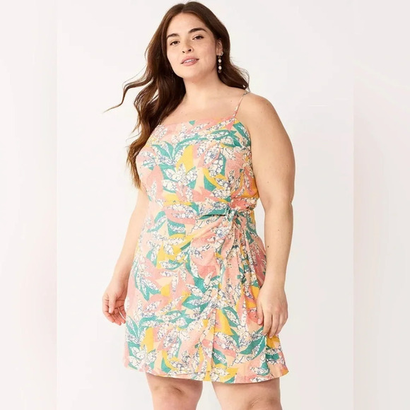 Nine West CRACKLE LEAVES CORAL SIDE TIE FAUX WRAP MINI SQUARE NECK DRESS Sz XXL - Picture 3 of 12